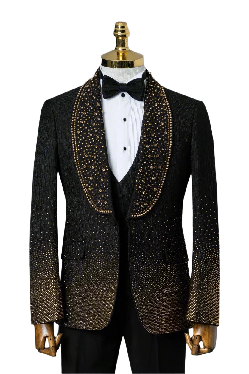 Rhinestone Black and Gold Men's Comfort Slim Suit