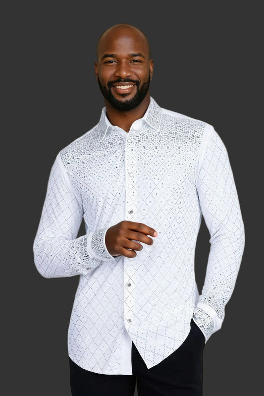 Trivon Rhinestone Long Sleeve Shirt White Silver