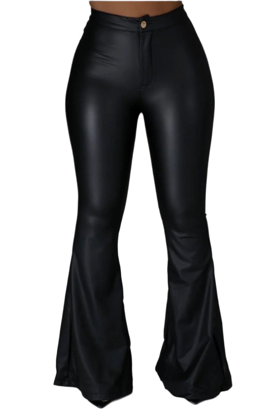Faux Leather Bell Bottom Pants Black