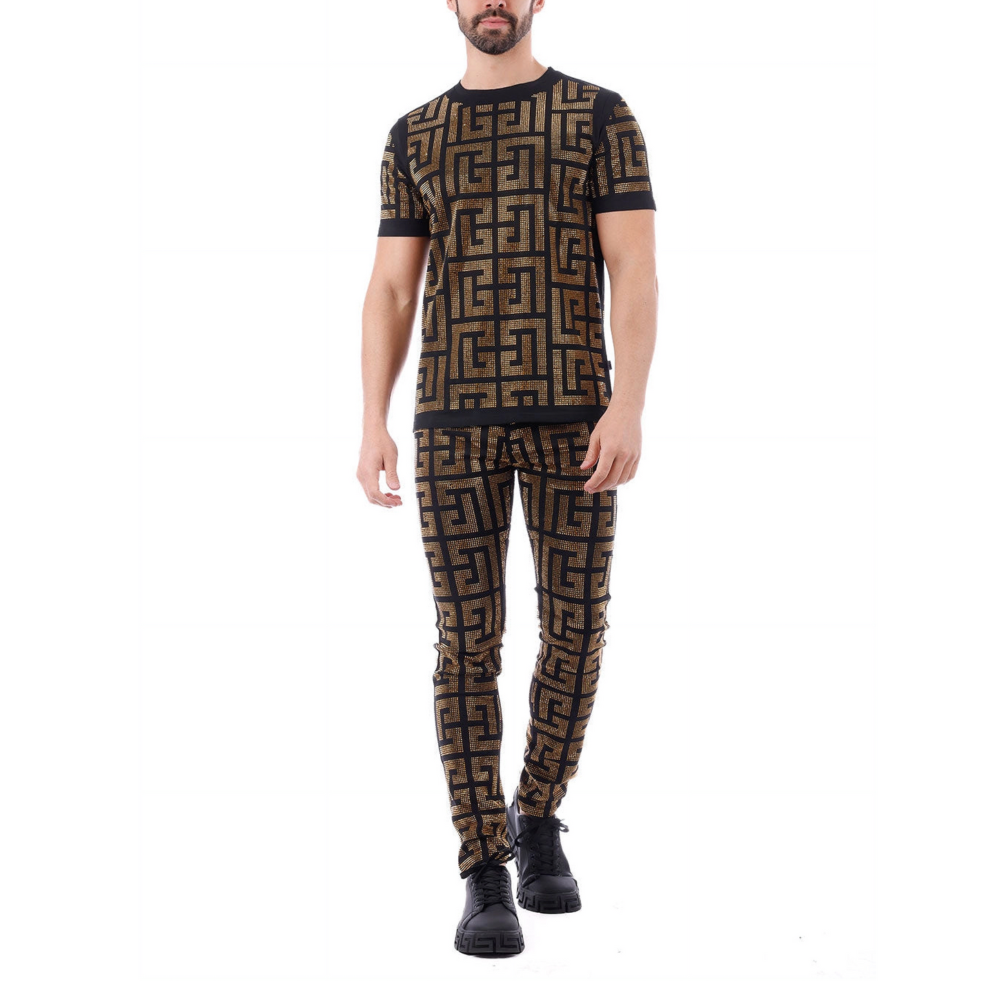 Men's Greek Key Pattern Rhinestone Slim Fit Pants