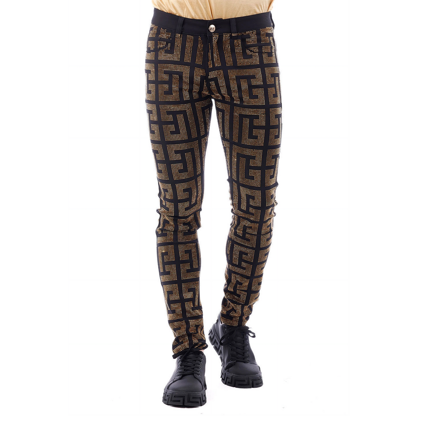Men's Greek Key Pattern Rhinestone Slim Fit Pants