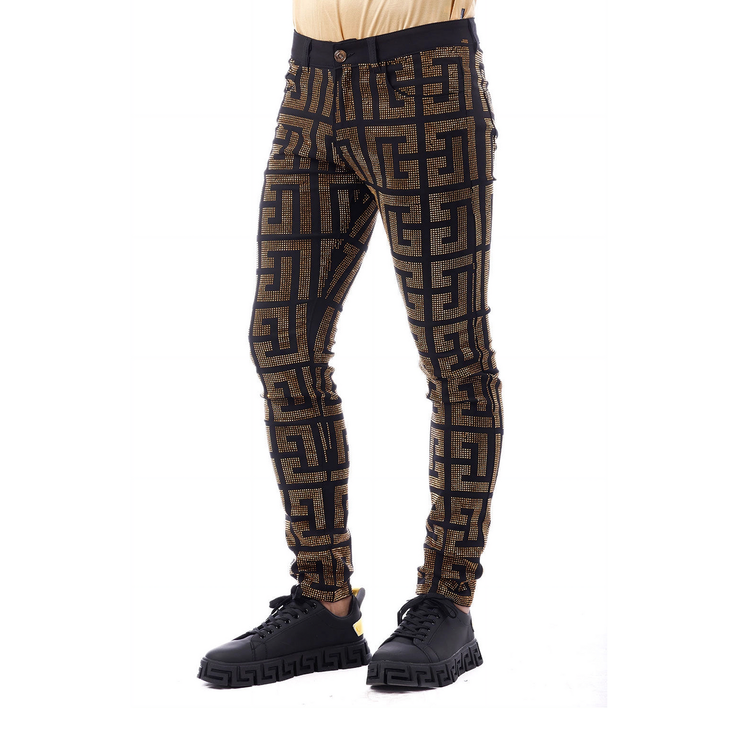 Men's Greek Key Pattern Rhinestone Slim Fit Pants