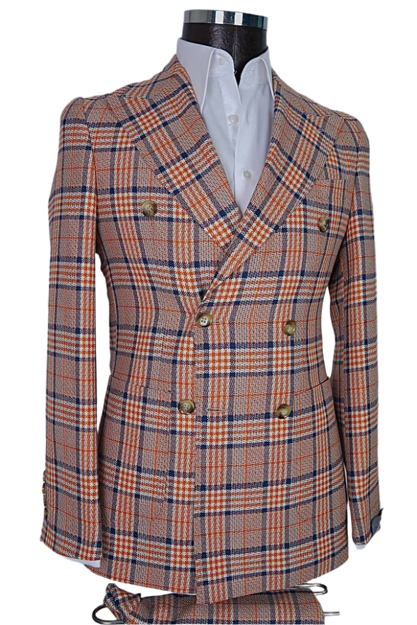 Orange Navy Plaid Suit Comfort Slim Fit