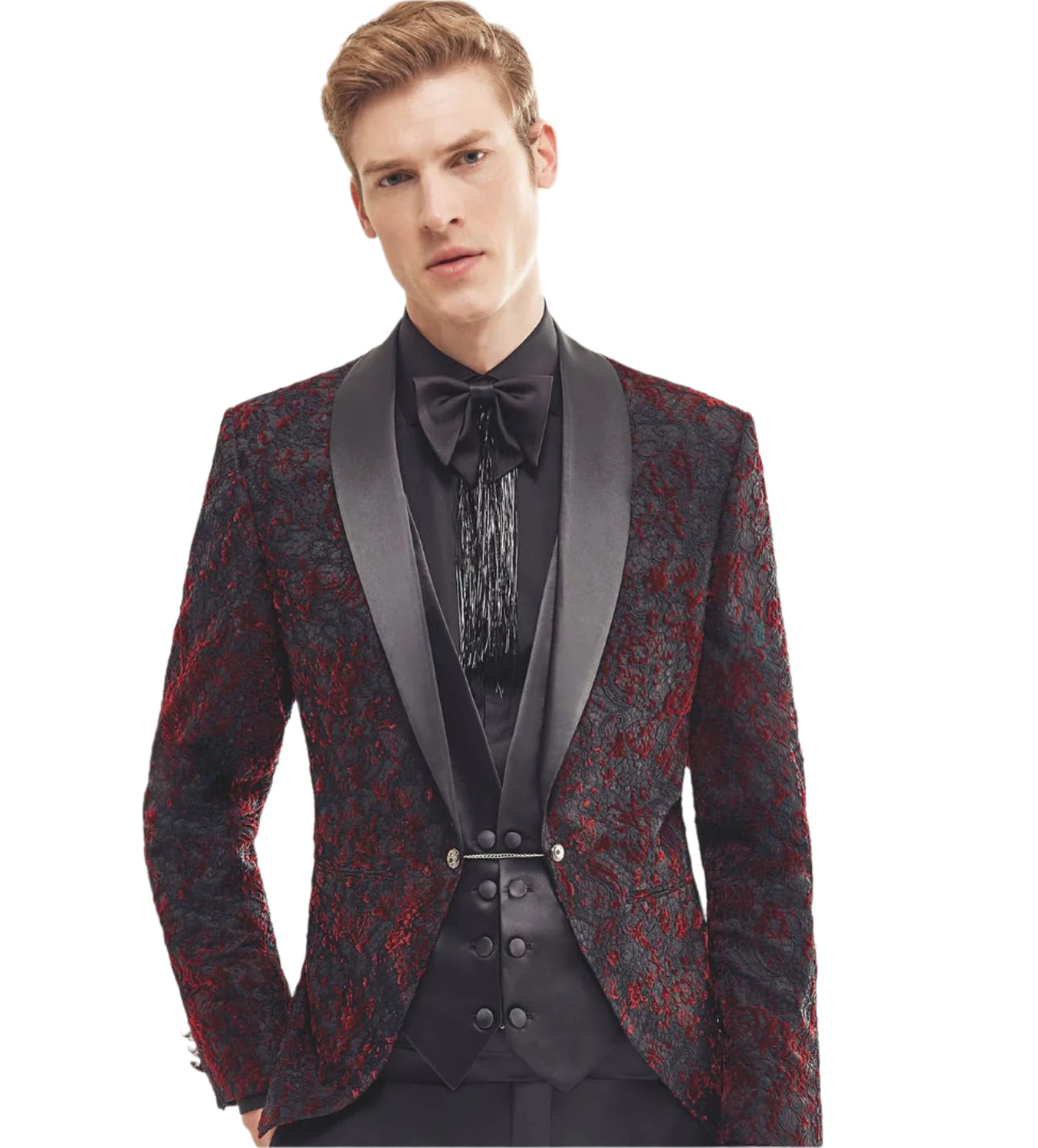 Black and Red Jacquard Tuxedo Slim Fit