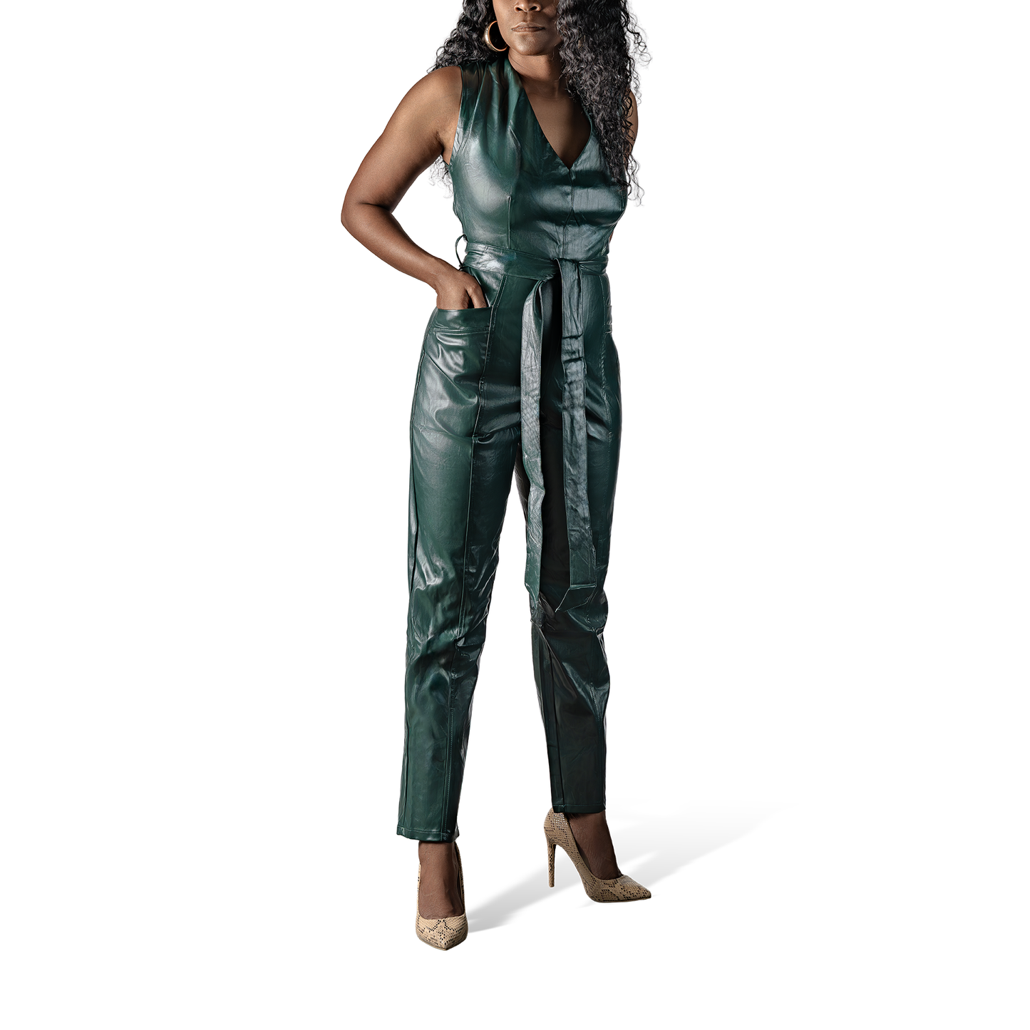 Self Tie Pockets Faux Leather Jumpsuit