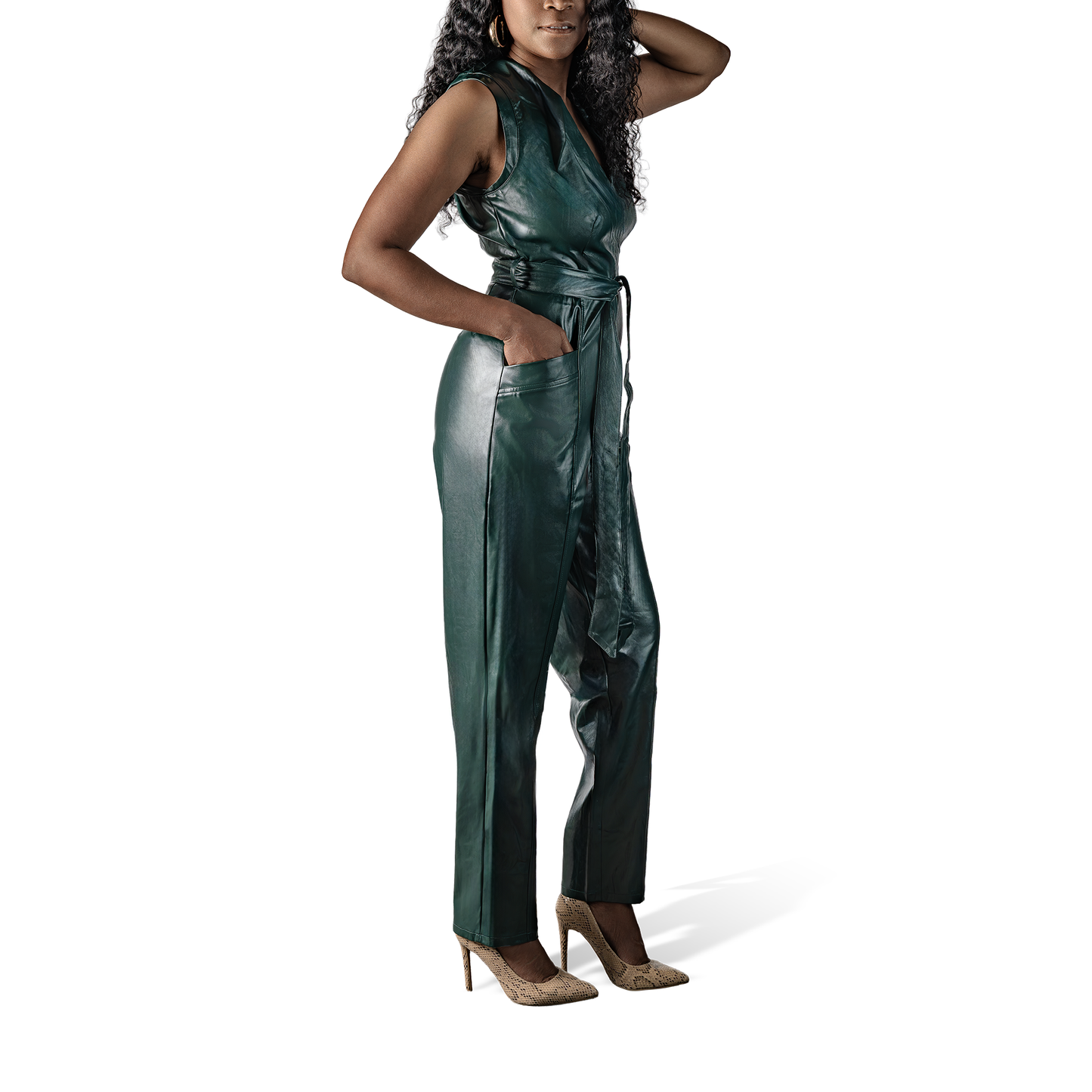 Self Tie Pockets Faux Leather Jumpsuit