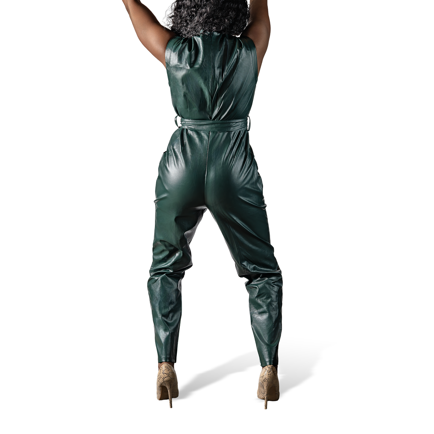 Self Tie Pockets Faux Leather Jumpsuit