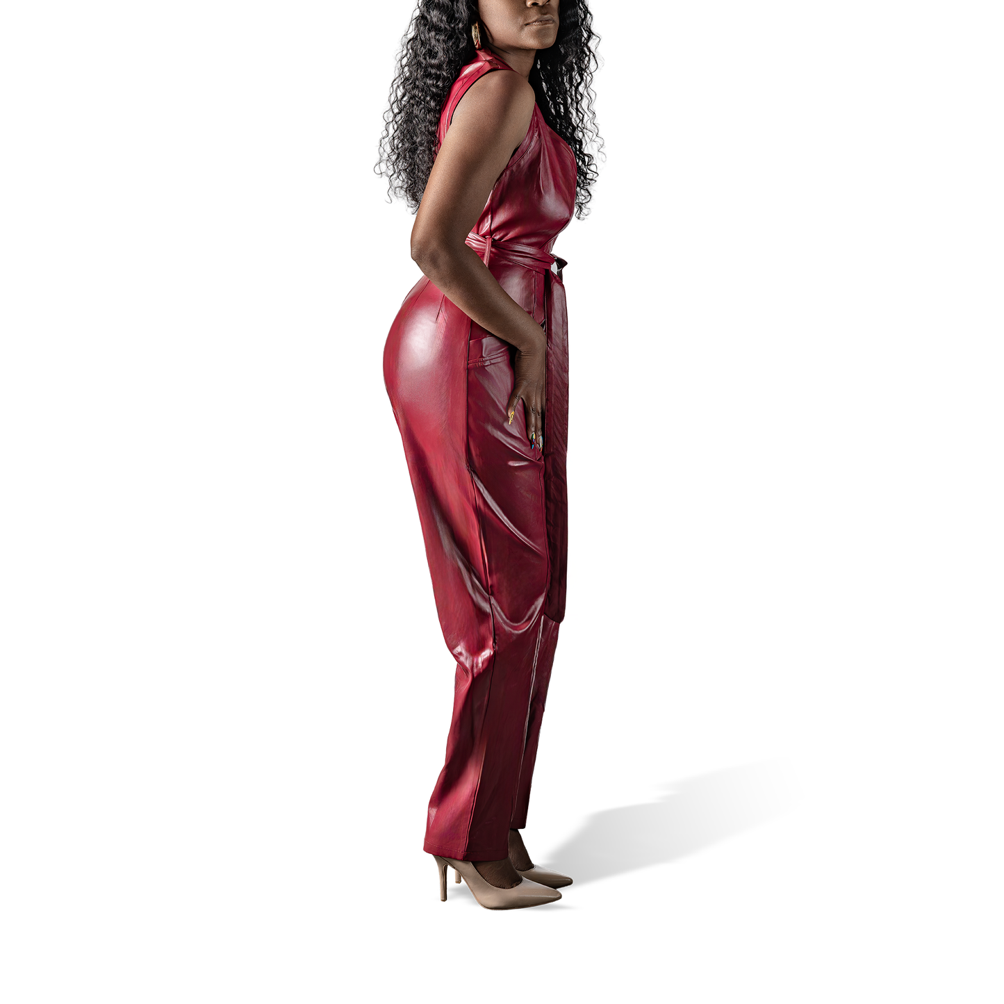 Self Tie Pockets Faux Leather Jumpsuit