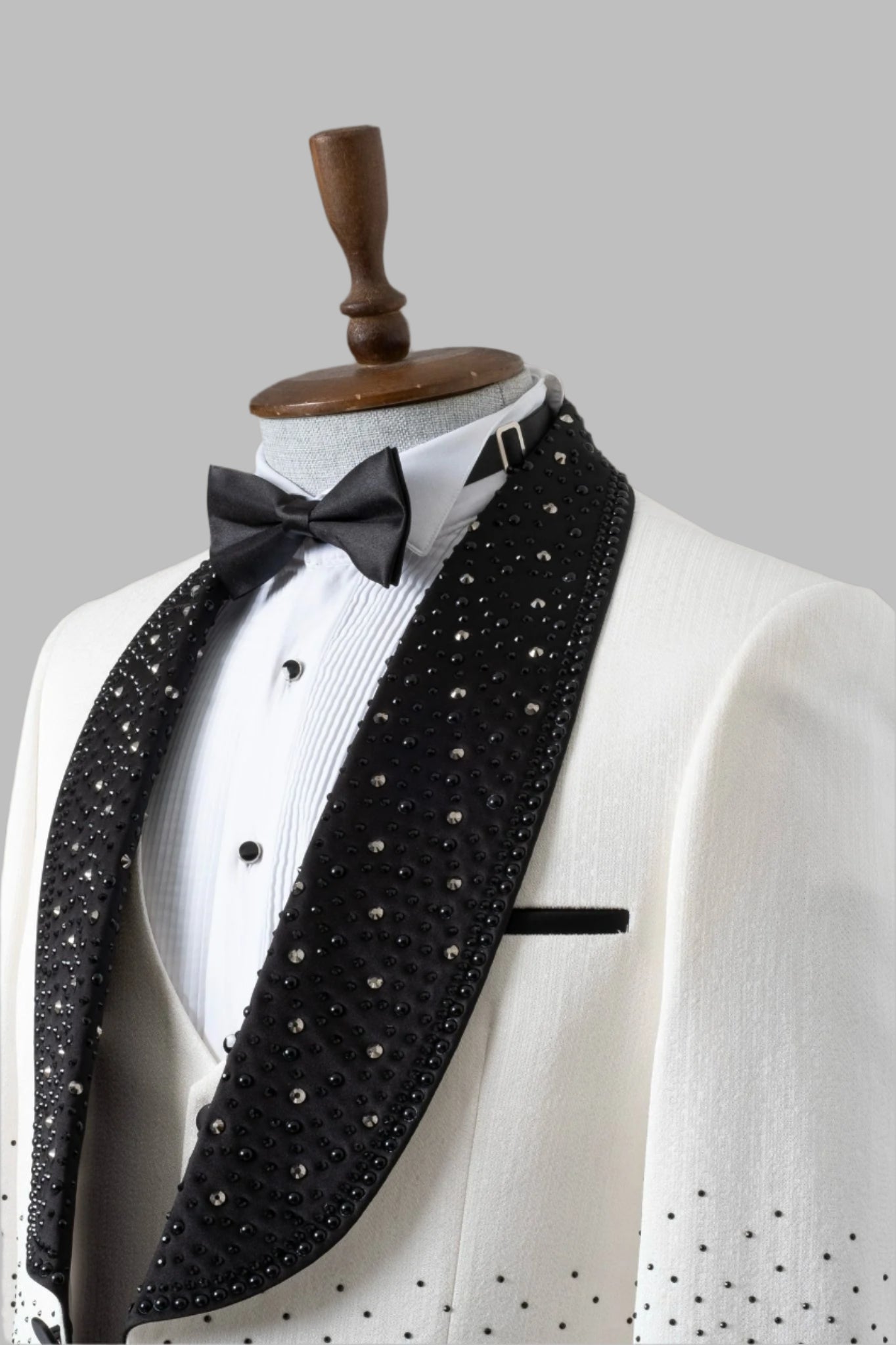 Off White Black Stone & Beaded Tuxedo Comfort Slim Fit