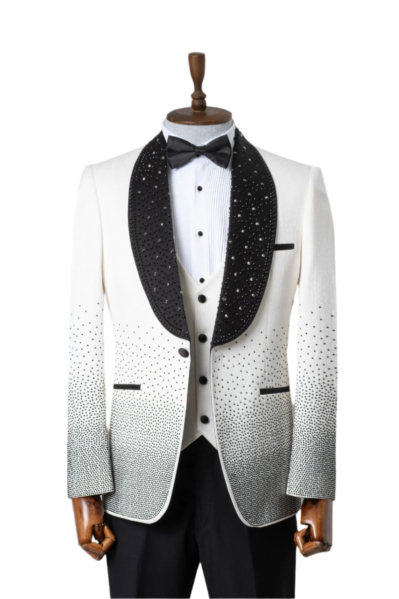 Off White Black Stone & Beaded Tuxedo Comfort Slim Fit