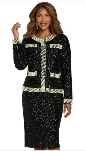 Sequin Skirt Suit with Mint Color Pearls