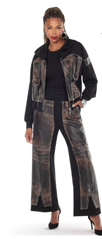 Faux Leather 2-PC Pant Set Black/Brown