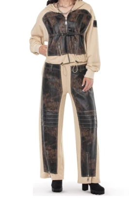 Faux Leather 2-PC Pant Set Tan/Brown
