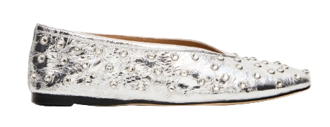 Silver embellished flat shoe on a white background