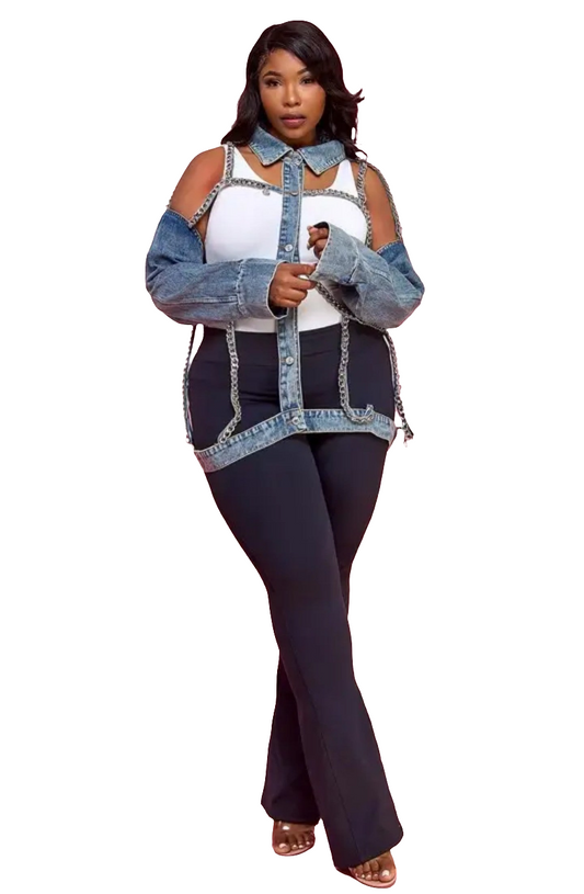 Plus Collared Denim Chain Jacket