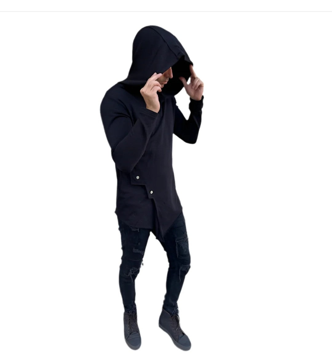 Rock&Roll Black Hooded Cardigan With Diagonal Buttons and Zipper