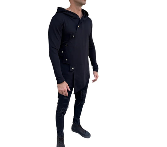 Rock&Roll Black Hooded Cardigan With Diagonal Buttons and Zipper