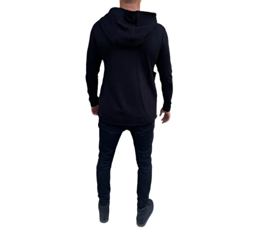 Rock&Roll Black Hooded Cardigan With Diagonal Buttons and Zipper