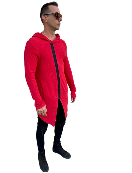 Coachella Red Cardigan with Black Diagonal Zipper and Hood