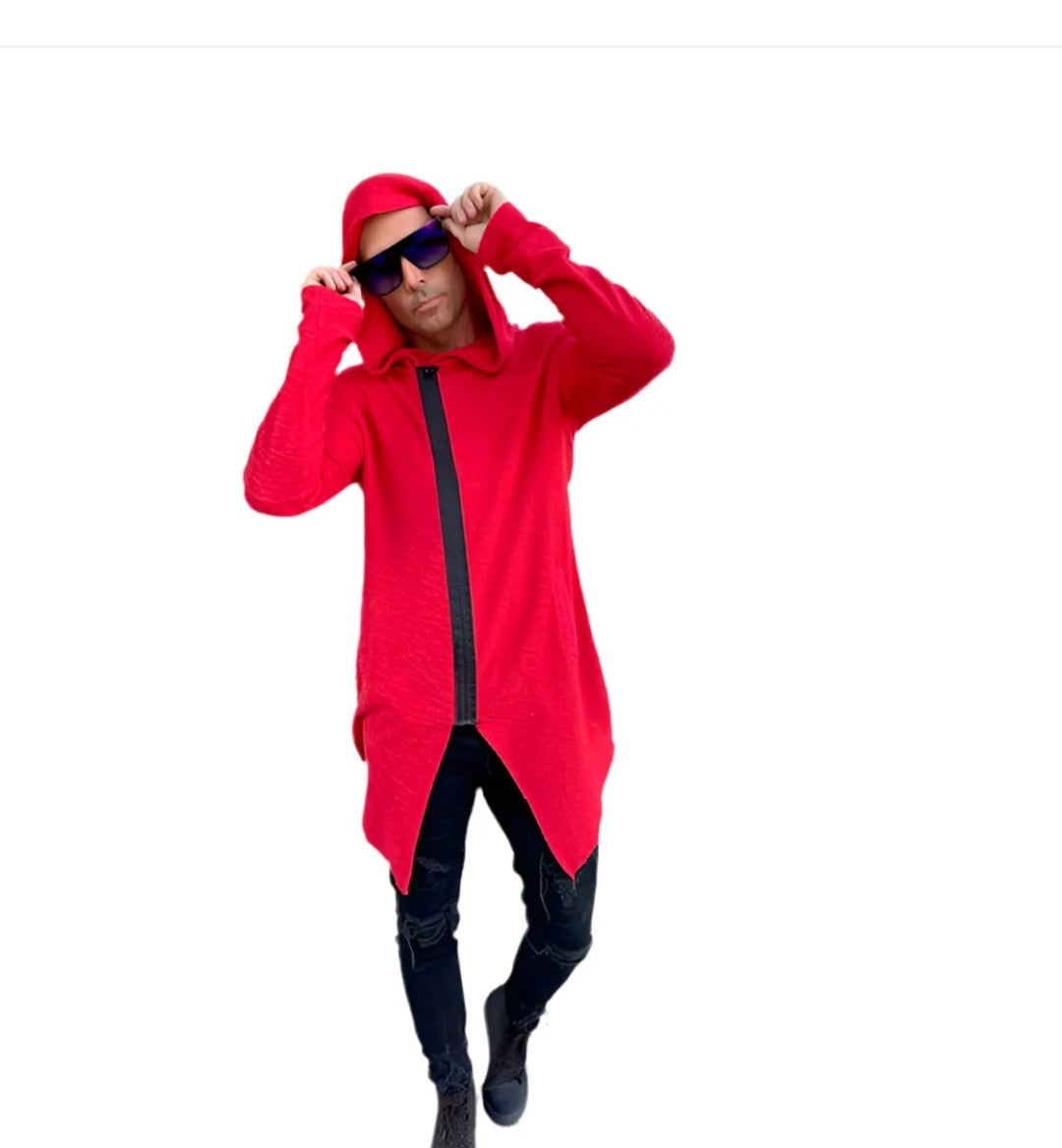 Coachella Red Cardigan with Black Diagonal Zipper and Hood