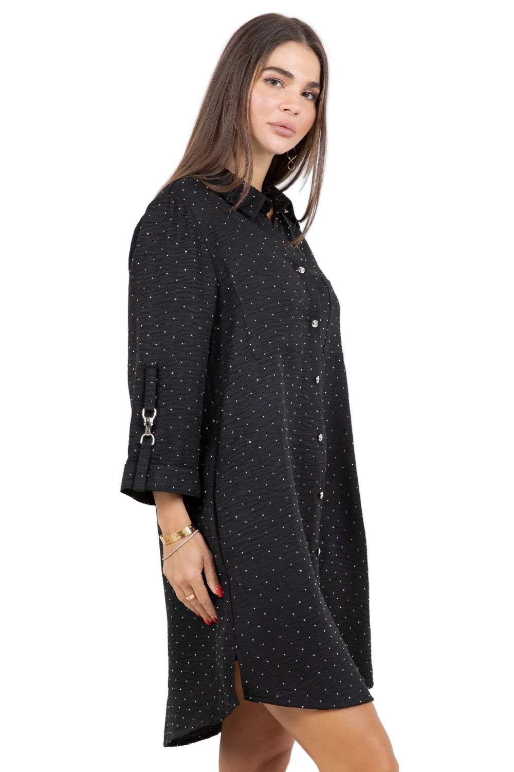 Button Down Dress with Metal Clip Sleeves