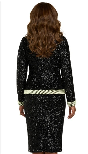 Sequin Skirt Suit with Mint Color Pearls