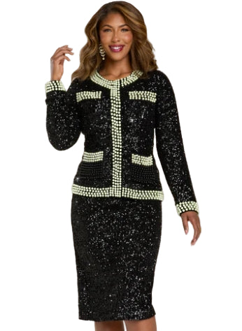 Sequin Skirt Suit with Mint Color Pearls