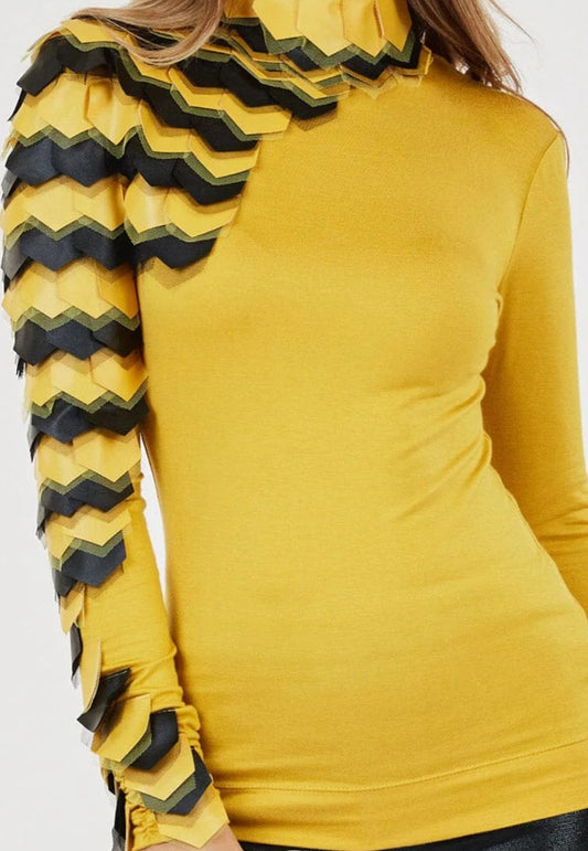 Long Sleeve Mock Neck Colorblock Ruffled Blouse Yellow