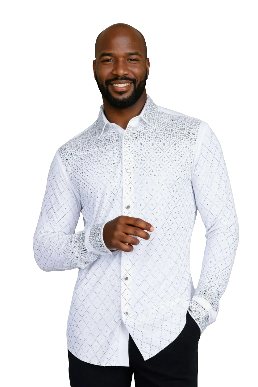 Trivon Rhinestone Long Sleeve Shirt White Silver