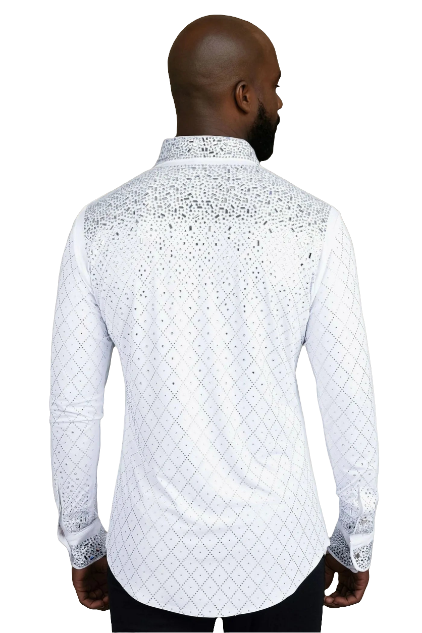 Trivon Rhinestone Long Sleeve Shirt White Silver